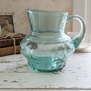Hand Blown Recycled Glass Pitcher 6.5” Aqua Green Bubbles Rustic Vintage Look